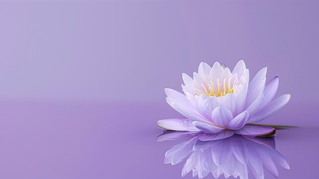 A serene purple lotus flower floating gracefully on still water with a soft backdrop.
