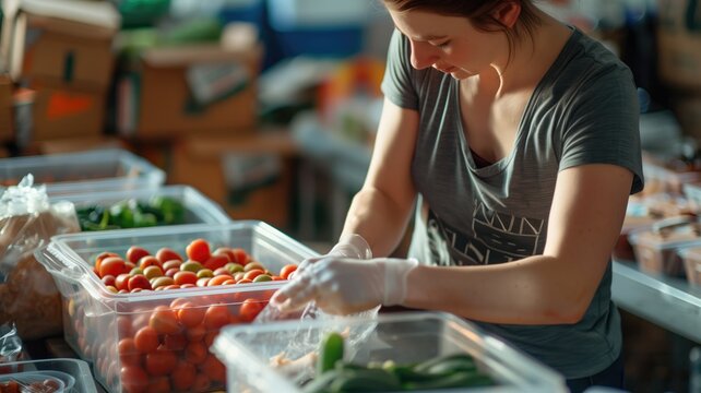 A woman is sorting vegetables in a food bank or kitchen, wearing gloves for hygiene.