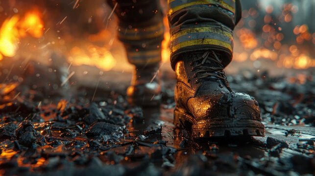 A firefighter is walking through a burning building