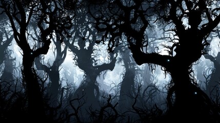 A haunting forest silhouette pattern, with twisted trees and glowing eyes peeking through the darkness, creating a mysterious menacing atmosphere created with Generative AI Technology