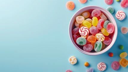 A bowl filled with colorful candies on a blue background, including gummy and swirl lollipops.
