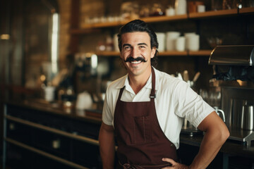 Smiling handsome waiter with mustache in front of the bar counter - obrazy, fototapety, plakaty