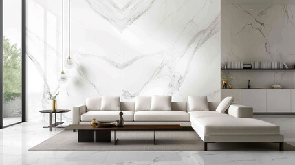 Sala de estar com parede de mármore branco e sofá branco - Papel de parede