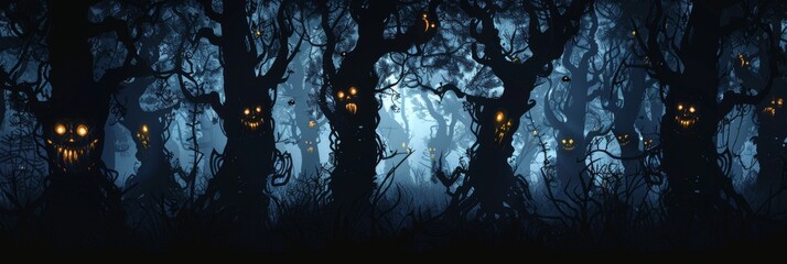 A haunting forest silhouette pattern, with twisted trees and glowing eyes peeking through the darkness, creating a mysterious menacing atmosphere created with Generative AI Technology - obrazy, fototapety, plakaty