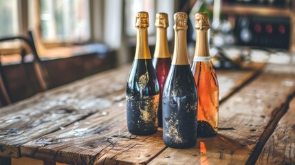 Elegant Champagne Bottles on Vintage Wooden Surface - obrazy, fototapety, plakaty