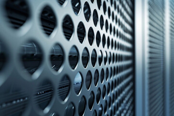 close-up photo focusing on the sleek metallic surfaces of server racks in a data center, with intricate details reflecting the precision engineering behind their design, photo