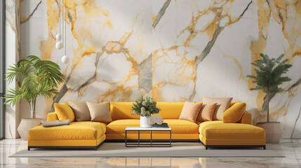 Sala de estar com parede de mármore amarelo e sofá amarelo - Papel de parede - obrazy, fototapety, plakaty