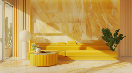 Sala de estar com parede de mármore amarelo e sofá amarelo - Papel de parede