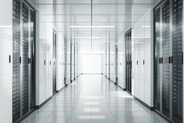 overhead shot capturing the sleek and streamlined layout of server racks in a data center, with clean lines and minimalistic design contributing to the overall efficiency of the sp