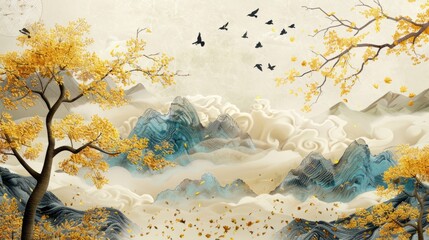 Brown trees with golden flowers and turquoise, black and gray mountains in light yellow background with white clouds and birds. 3d illustration wallpaper landscape art