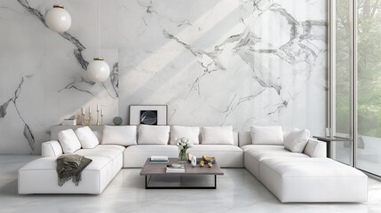 Fototapeta na wymiar Sala de estar com parede de mármore branco e sofá branco - Papel de parede