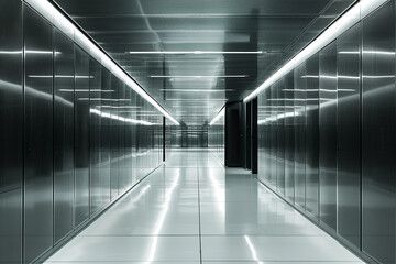 minimalist photo of the sleek architecture of a data center housing rows of server racks, with reflective surfaces adding depth and sophistication to the space, photo