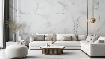 Sala de estar com parede de mármore branco e sofá branco - Papel de parede