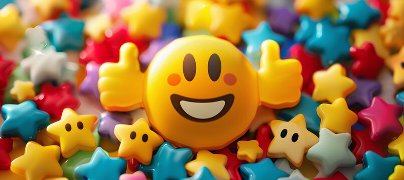 Smiley surrounded by positive symbols, thumbs up gestures, stars and happy emoticons. Feedback evaluation and customer satisfaction.