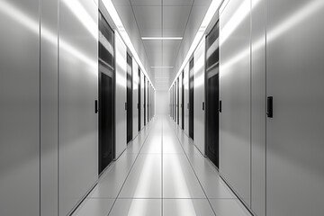 minimalist shot showcasing the sleek and modular design of server racks in a data center, with interchangeable components and scalable architecture ensuring adaptability to changin