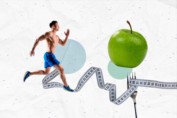 Creative collage image running young fit sportsman naked torso measure body shape athlete fruit...