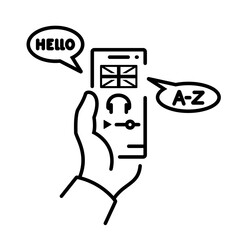 The student is learning English online. Template for a language learning app. Studying with a smartphone, listening, and speaking in English. Phone in hand. Vector illustration flat line design.