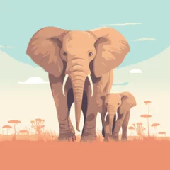 Fototapeten Baby elephant with mother vector cartoon illustration © baobabay