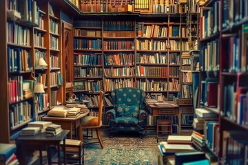 Old bookshelf with books and armchair in the library. Books in a library - obrazy, fototapety, plakaty