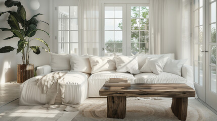 Coastal interior design of living room  a plush white sofa with throw pillows