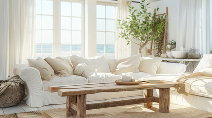 Fototapeta premium Coastal interior design of living room white plush furniture and natural light