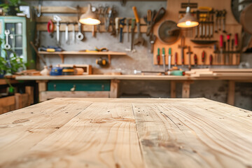 Empty wooden table in the foreground and blurred background with carpenter's tools on the wall. Generative AI.
