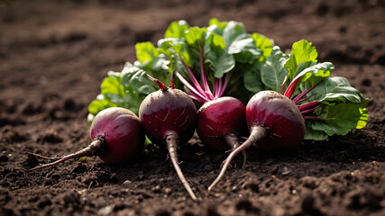 Fresh unwashed beets on the ground. Group of three beets with green leaves on the background of the earth close-up. - obrazy, fototapety, plakaty
