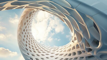 curved abstract structure and sky background, 3d rendering,Abstract architecture background arched interior ,a view from inside of a modern building,abstract triangulate geometry  - obrazy, fototapety, plakaty
