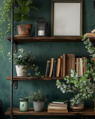 Mockup Frame. old books on shelves, rustic living room. Green plants all over.