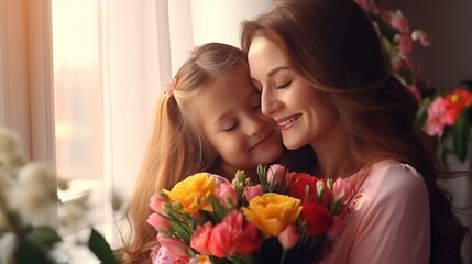 Fototapeta na wymiar Happy mother's day. Child daughter congratulates mom and gives her flowers. Mum and girl smiling and hugging. Family holiday and togetherness.
