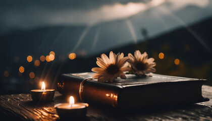 All Saints Day. burning candles and flowers on the bible, old books, close-up, soft focus macro shot with beautiful gray bokeh.