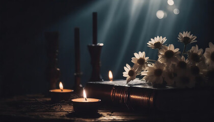 A burning candles and flowers on the bible, old books, close-up, soft focus macro shot with beautiful gray bokeh. All Saints Day.