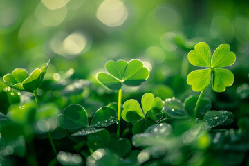 Fresh three-leaved shamrocks on a natural green background. Symbol of St. Patrick’s day