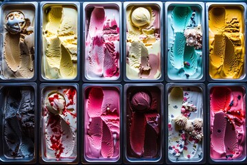 Assorted Collection of Gelato Flavors in Ice Cream Shop Display Case, Creamy Summer Desserts