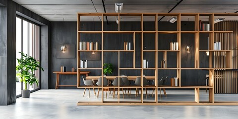 Bookshelf integrated into room divider serves as functional storage and design element defining separate living spaces in open layout. Concept Room divider, Bookshelf, Functional storage - obrazy, fototapety, plakaty
