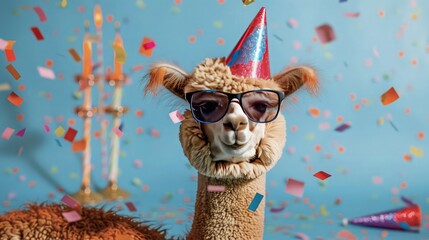 Fototapeta premium Happy Birthday, carnival, New Year's eve, or other festive celebration, funny animals card - Alpaca with party hat and sunglasses on blue background with confetti