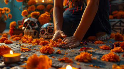 Detail shot of hands gently scattering orange marigold petals on an altar for Day of the Dead, amidst candles, and folk decorations