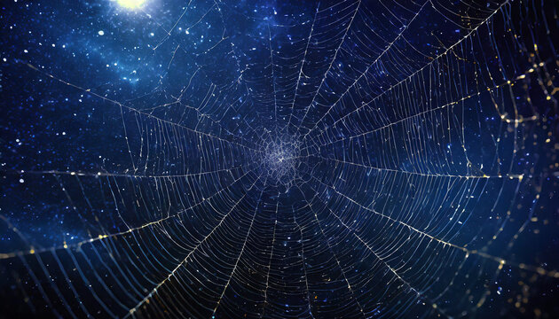 Spider web in dark blue starry galaxy sky, copy space. soft focus image.