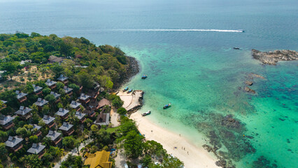 Beach villas at Long beach of Koh Phi Phi island, Krabi, Thailand. Tropical paradise white sand...