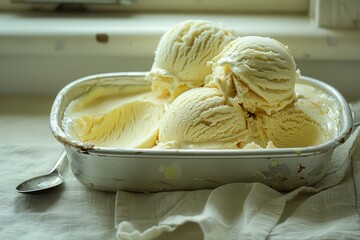 Fresh Vanilla Ice Cream Scoops in a Metal Tray on a Kitchen Counter With Natural Light