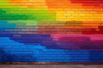 a rainbow painted brick wall - obrazy, fototapety, plakaty