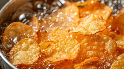 Crispy golden potato chips deep fried in flavorful seasoned oil, creating a crunchy snack