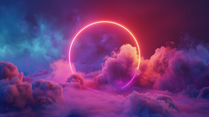 A glowing neon circle illuminates vibrant blue, pink, and purple clouds, creating a surreal and atmospheric sky scene.
