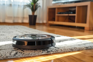 Robot vacuum cleaner operating on laminate wood and carpet