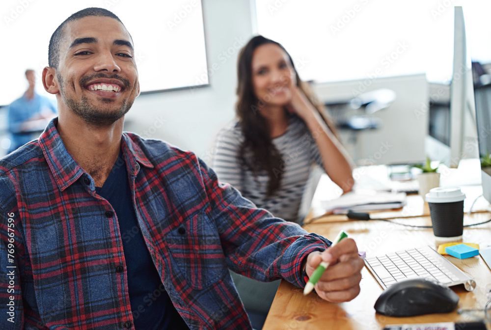 Poster business people, planning and teamwork in workspace by computer for creative project or copywriting 