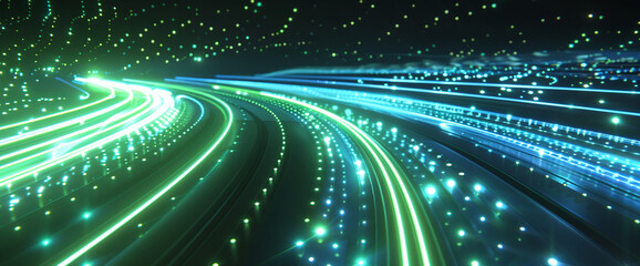 A vibrant visualization of data streaming, with flowing green and blue lights that evoke the rapid movement of information across a digital network