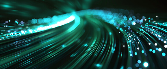 An abstract stream of turquoise light races forward, simulating velocity and motion, as it blurs into a bokeh of sparkling particles against a dark backdrop