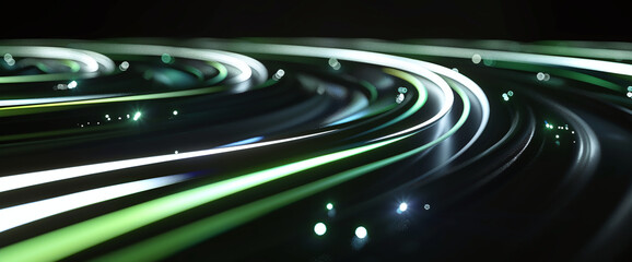 Swirling trails of light creating a visual symphony accompanied by green bokeh effects on a dark, elegant background