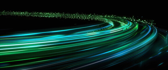 A high-speed data highway streams into the distance, glowing in shades of green, symbolizing rapid digital transfer and connectivity in the information age