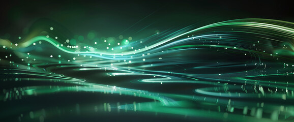 Ethereal waves in shades of green with sparkling light particles create a serene and otherworldly...